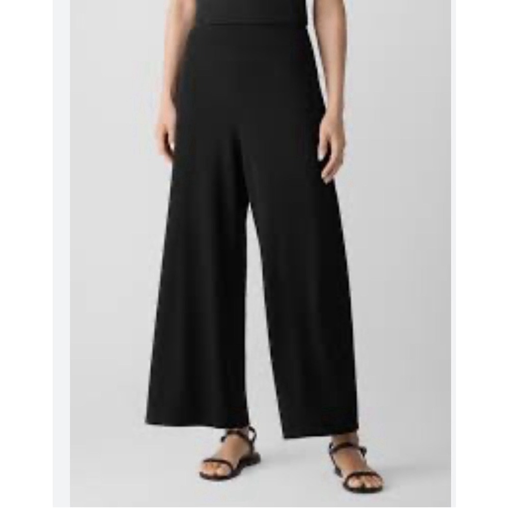 Eileen Fisher Sz Medium Black Pull On Crepe Full Length Wide Leg Pants
